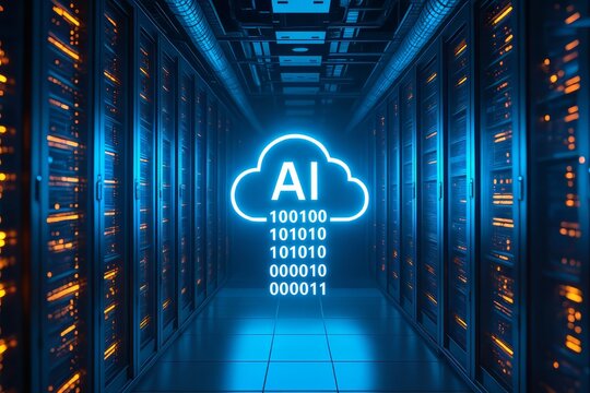 futuristic data center with glowing server racks and advanced cloud computing infrastructure, cloud and ai neon icon, perfect for fine tuning and data science ad