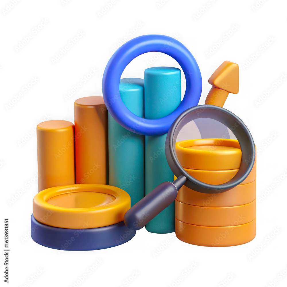 Poster 3d icon of 3d graph with magnifying glass and growth arrow isolated on transparent background