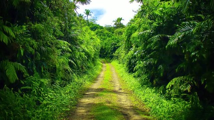 Naklejka premium A dirt path winds through lush, green tropical foliage under a bright sky.