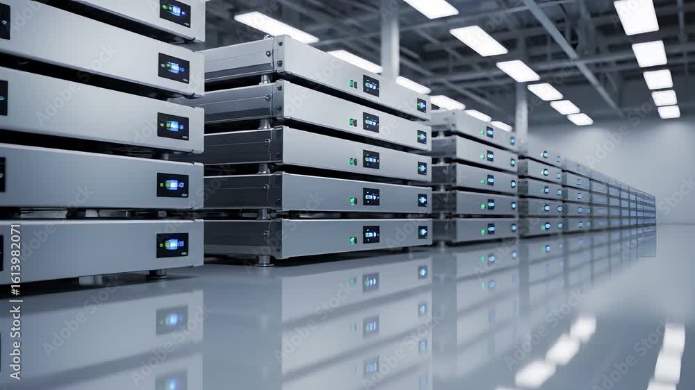 Poster modern server room racks arranged for high speed data processing and information storage