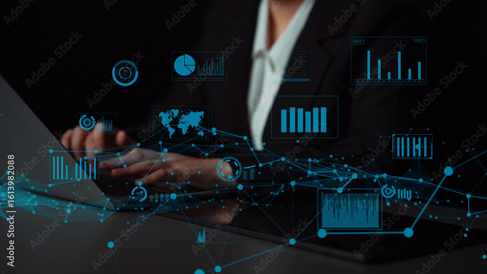 Poster a business professional engages in data analysis using an advanced technology interface, showcasing 