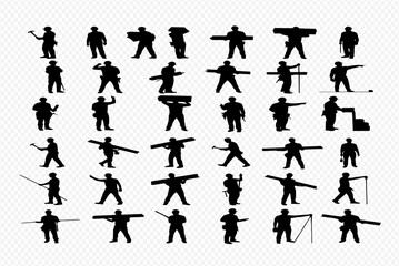 Collection of diverse male worker silhouettes in various poses, holding tools and materials.