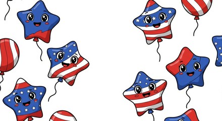 Fototapeta premium Patriotic Star Balloons Book Page Illustration - Festive cartoon star-shaped balloons in red, white, and blue, symbolizing celebration, freedom, joy, unity, and patriotism