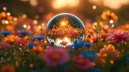 Crystal ball reflection sunset flowers