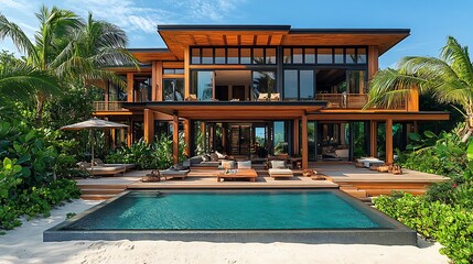 Luxury wooden beachfront home with pool
