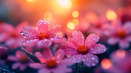 Pink flowers with dew drops sunrise