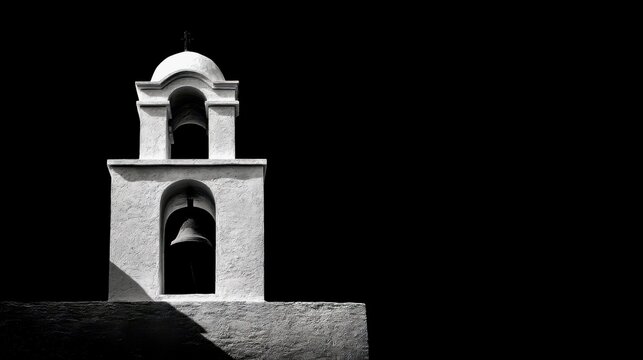 Minimalist image of a white stucco bell tower against a stark black background, creating a dramatic high-contrast architectural silhouette.