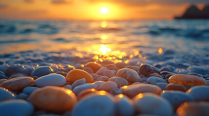 Colorful pebbles on a shoreline at sunrise