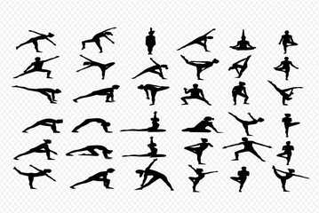 Collection of diverse yoga and fitness poses depicted in black silhouettes.