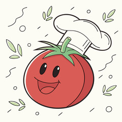Obraz premium Happy tomato character wearing a chef hat with decorative leaves 