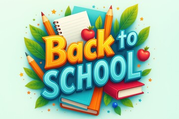 Colorful back to school illustration with pencils, books and apples