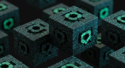 Abstract futuristic tech blocks illuminating with geometric patterns and intricate digital circuitry