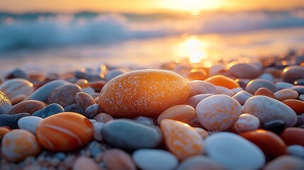 Colorful smooth stones on beach sunrise