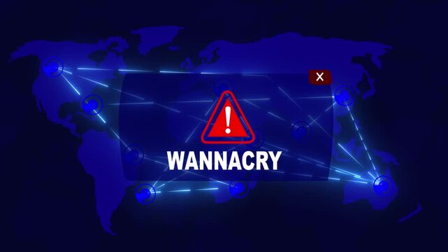WannaCry Alert Warning Message Attack on World map. Wire frame Radar Network Seamless loop Motion Background. UI Elements HUD Sci Fi interface.