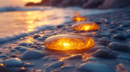 Golden stones on sunset beach
