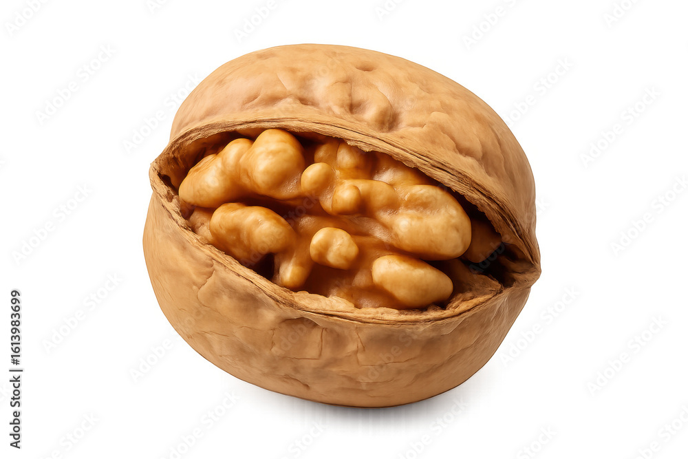 Poster cracking walnut shell, exposing wrinkled brain-shaped kernel, floating against transparent backdrop 