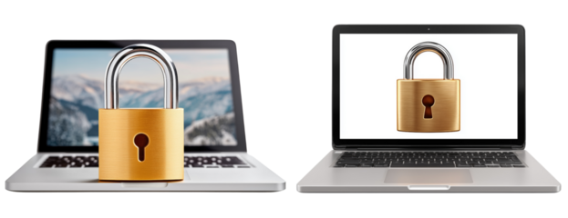 Laptop security concept with gold padlock and screen symbolizing protection and privacy on transparent background