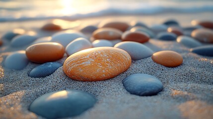 Colorful smooth stones on sandy beach