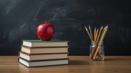 Red apple on stacked books next to colored pencils on a school desk