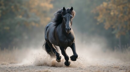 A black horse running in the sand in the desert