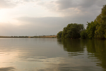 A body of water with trees on the side