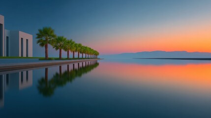 Obraz premium A beautiful sunset over a body of water with palm trees in the background