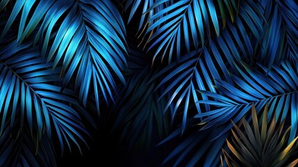 Close-up of vibrant blue palm leaves against a dark background.