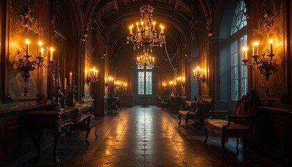 Creepy old haunted mansion interior with ornate antique mirrors and chandelier, eerie glowing light and cobwebs