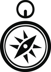 Black and white graphic icon of a compass with a starburst design and a loop at the top