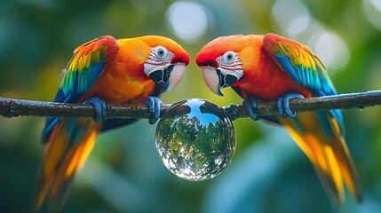 Parrots facing each other with glass sphere