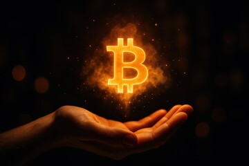 A Hand Holding an Illuminated Bitcoin Symbol Surrounded by Ethereal Light and Particles, Representing Digital Currency and Innovative Financial Technology