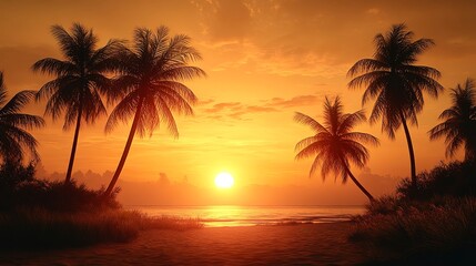 Golden tropical sunset with palm silhouettes and warm tones