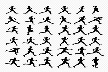 Naklejka premium Collection of diverse running silhouettes, depicting various running styles and poses.
