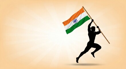 Silhouette of a runner triumphantly holding the Indian flag aloft against a sunburst background.