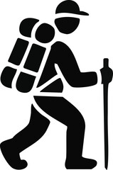 Black silhouette of a hiker with backpack and trekking pole