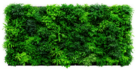 Lush green vertical garden wall with diverse foliage isolated on transparent background