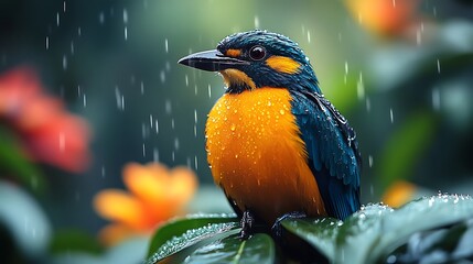 Colorful bird in the rain