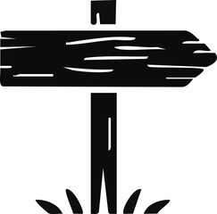 Black silhouette of a wooden signpost pointing right with grass at the base