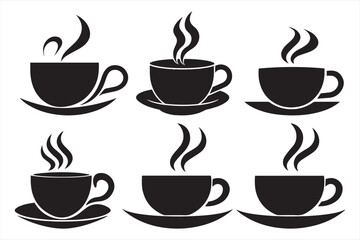 Obraz premium Six black coffee cups with steam on saucers icons on white