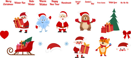 Vector Christmas clipart set with Santa Claus, gift boxes, sleigh, tree, bear, fox, snowflake and festive text.