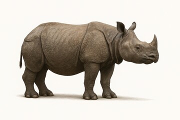 Obraz premium Javan Rhino Standing – Critically Endangered Rhinoceros on White Background