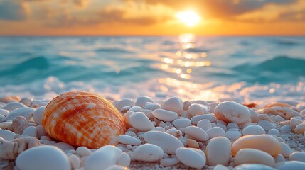 Seashell on a beach at sunset