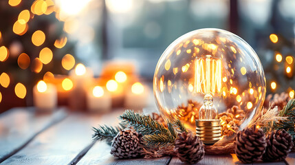 A warm, glowing light bulb nestled in a glass sphere, surrounded by Christmas decorations.  Soft, golden light illuminates candles and festive details