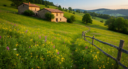 Idyllic Countryside Farmhouse With Wildflower Meadow