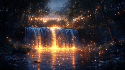 Magical waterfall in a forest at sunset