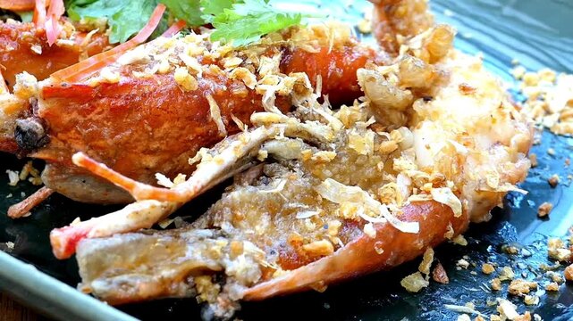 Closeup of a fried prawn dish with garlic