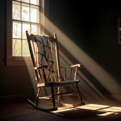 A wooden rocking chair draped with a plaid blanket is illuminated by soft sunlight streaming through a window, casting gentle shadows on the floor