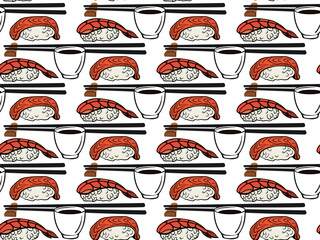 Seamless sushi pattern with salmon nigiri, chopsticks and cups of soy sauce on white backdrop, ideal for packaging, textiles, wallpapers, stationery and restaurant decors.