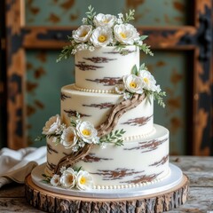 A three-tiered cake accented with white frosting and rustic driftwood textures, and adorned with delicate white flowers and green leaves