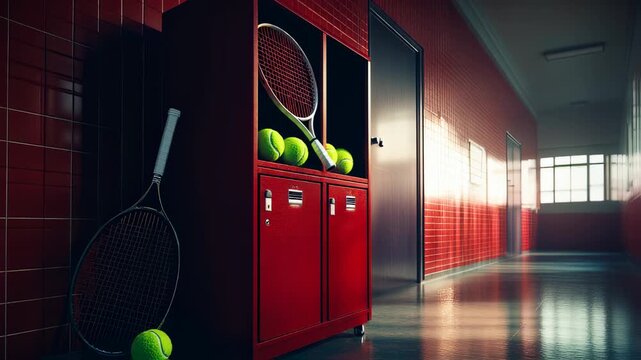 Athletic scene featuring tennis rackets and balls in a school hallway with lockers